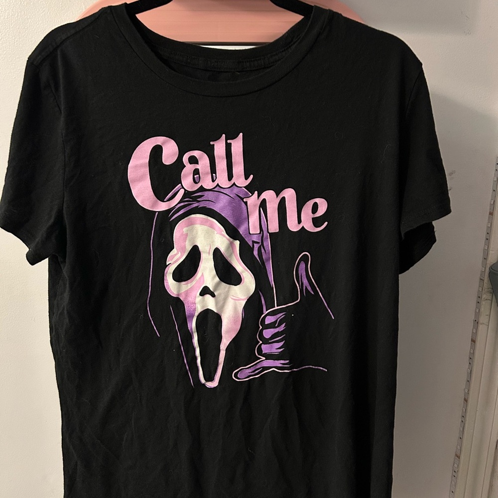 Black Ghost face Graphic Tee with Pink and Purple Design
